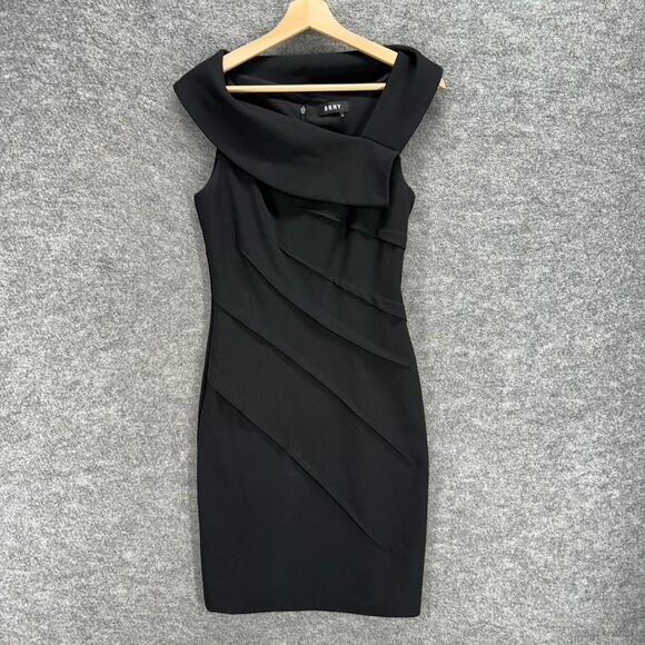 DKNY Dress Women M Medium Black Sheath Midi Zipper Lined Pleated Sleeveless - Picture 1 of 7